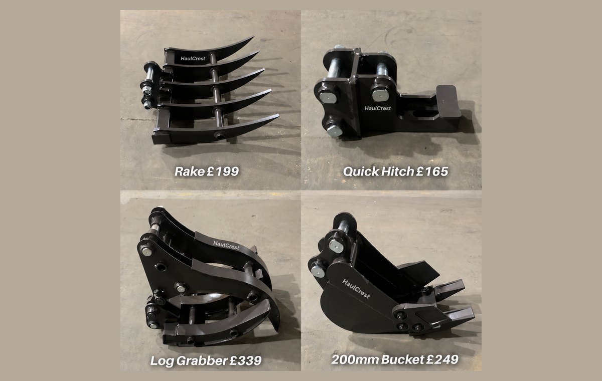 CREX10-K attachments: rake, quick hitch, log grabber and 200 mm bucket