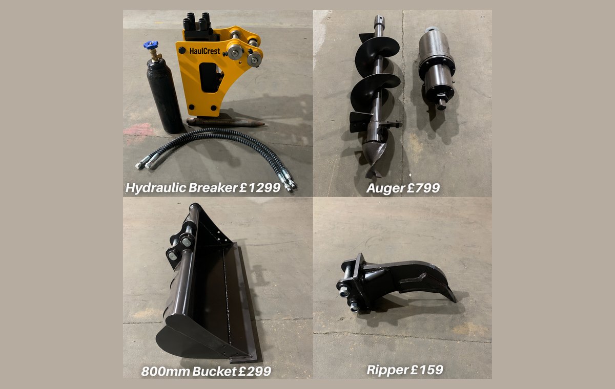 CREX10-K attachments: hydraulic breaker, auger, 800 mm bucket and ripper